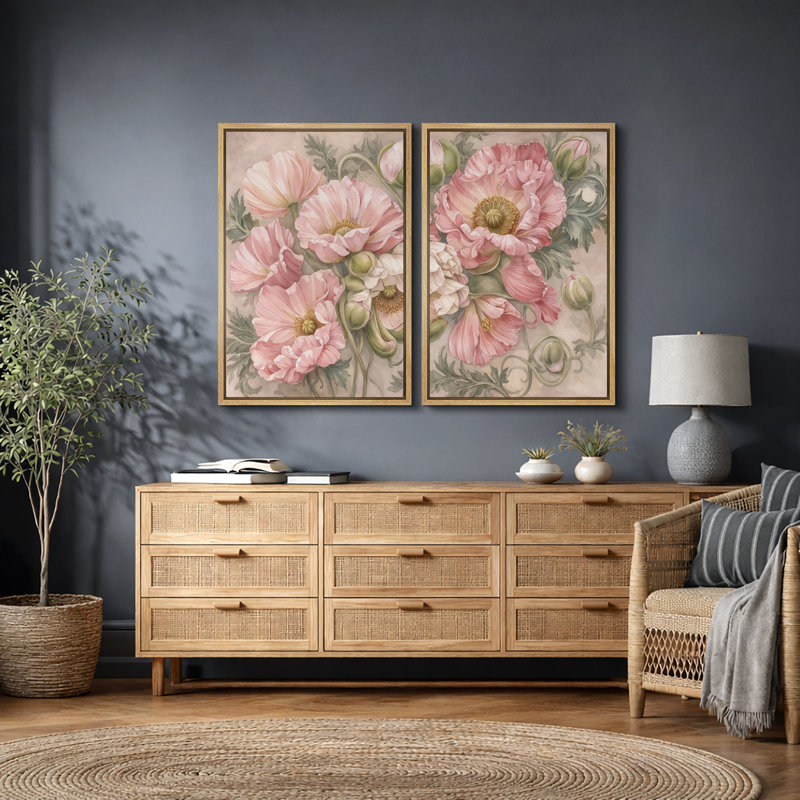 «Blush Pink Poppy», impression botanique sur toile, Cadre flottant naturel, H 36 po x l 48 po
