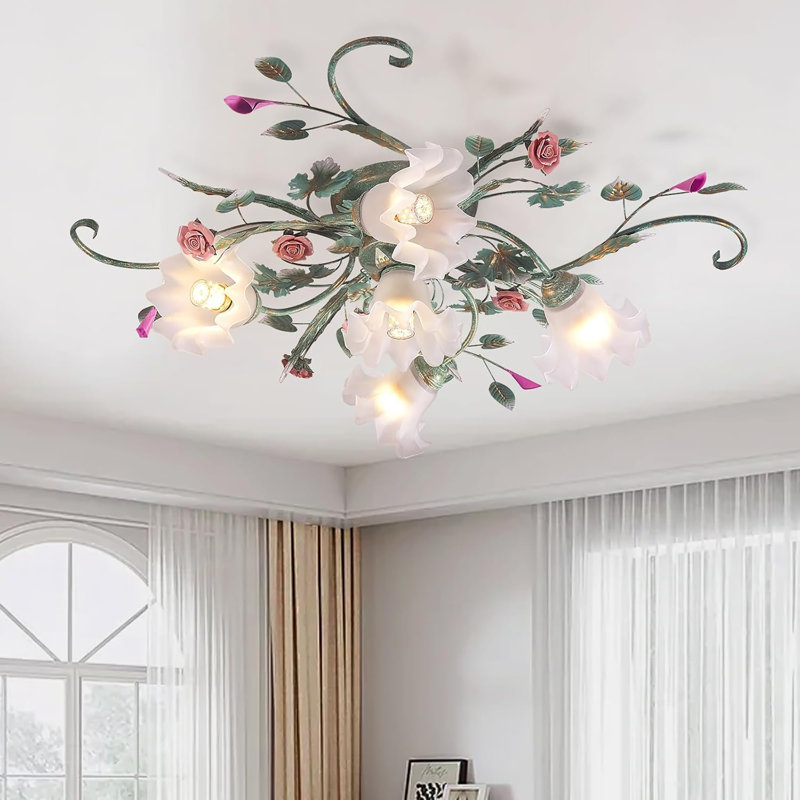 Flower Chandelier Ceiling Light,5-Light Pink Ceramic Rose Ceiling Lamp With Glass Lampshade,Flush Mount Ceiling Light Fixture For Living Room,Bedroom,Dinning Room,Hallway,Kitchen.
