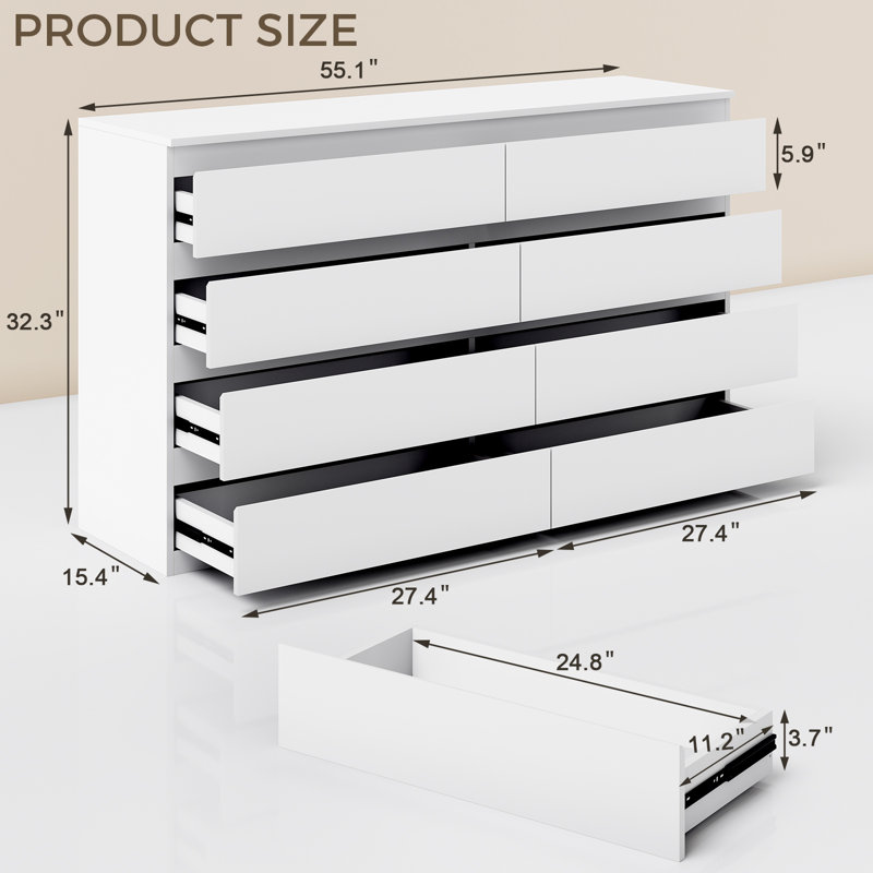 8 Drawer 55.1" W Double Dresser, White