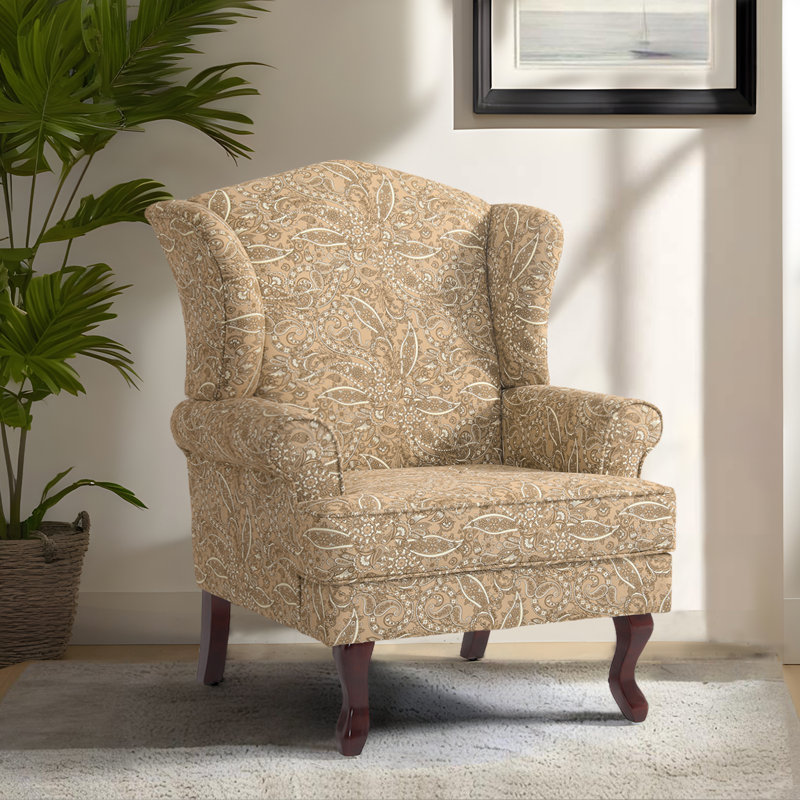 Duward Paisley Brown Linen Upholstered Wingback Accent Chair with Rolled Arm and Solid Wood Leg, Paisley Brown Linen