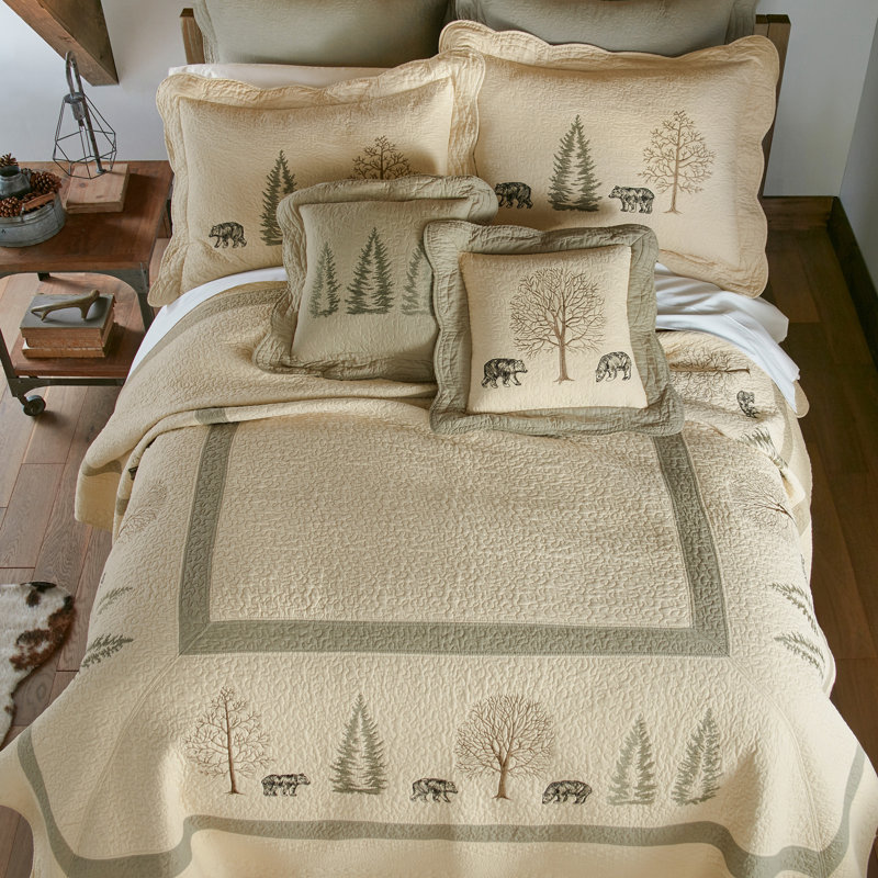 King Size Beige Cotton Embroidered Bear Pillow Sham