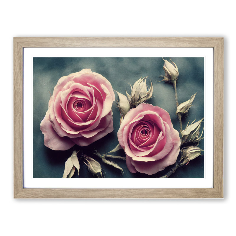 Decorated Rose Flowers - Framed Print, 46cm H x 64cm W x 2cm D, Oak