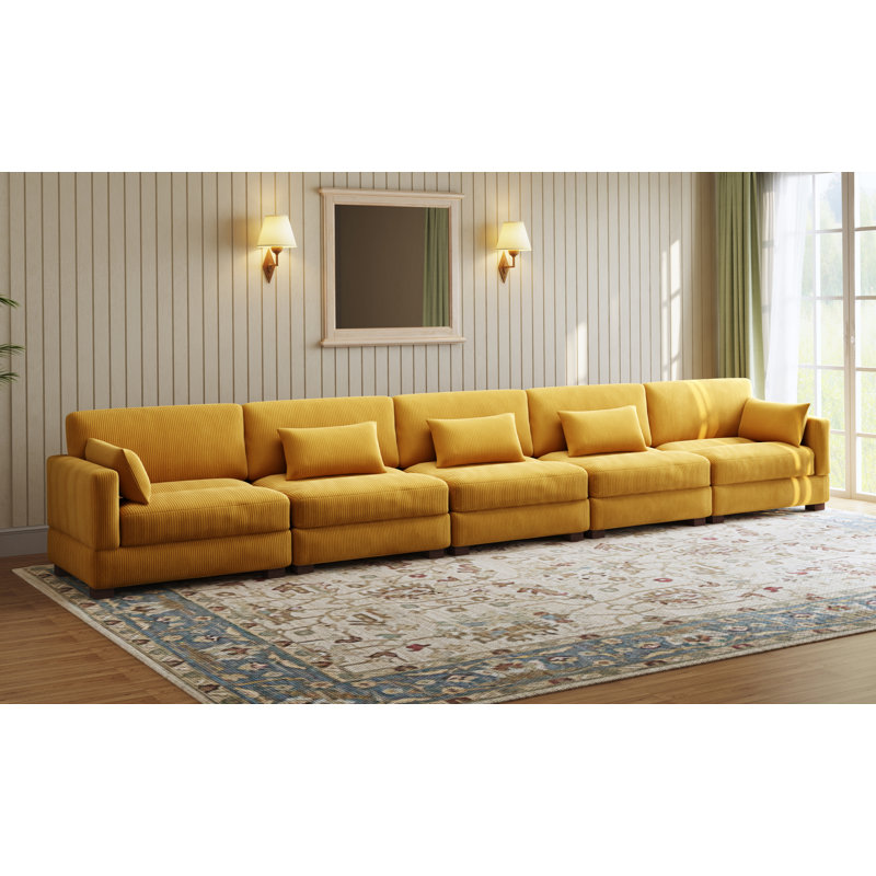 Maelina 5 - Piece Upholstered Orange Corduroy Modular Sectional Sofa with Pillow Back and Solid Wood Legs, Orange Corduroy