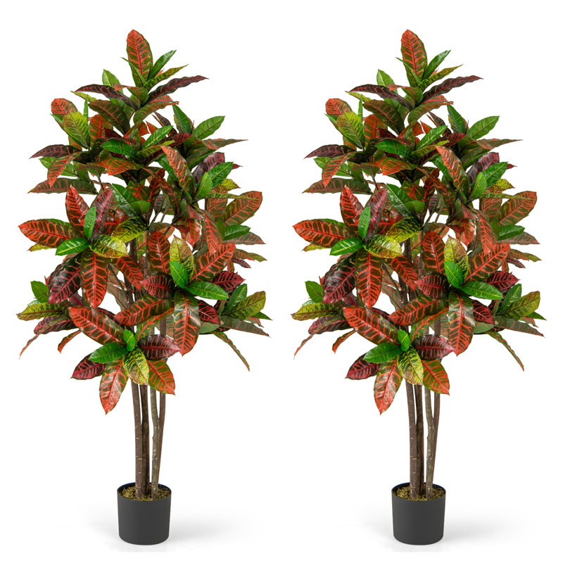 2 pièces de plante artificielle croton de 5 pi avec tronc en bois massif multicolore