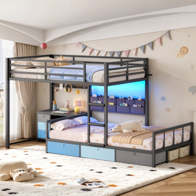 Bunk Bed Twin over Twin with Desk and 6 Storage Drawers, LED Metal Platform Loft Bed with Charger and 10-Pocket Organizer, Maximize space utilization Kids Bed Offset Design Grey Blue