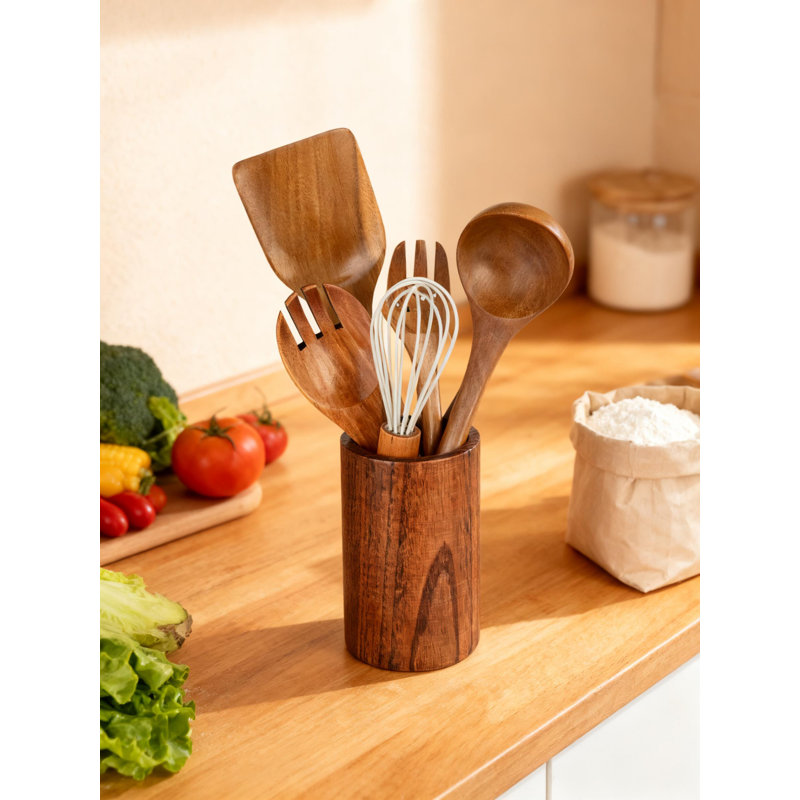 Ensemble 7 pièces d'ustensiles en bois d'acacia naturel avec support - cuillères de cuisson anti-égratignures, spatule, tourneur, écumoire, fourchette à salade pour batterie de cuisine antiadhésive