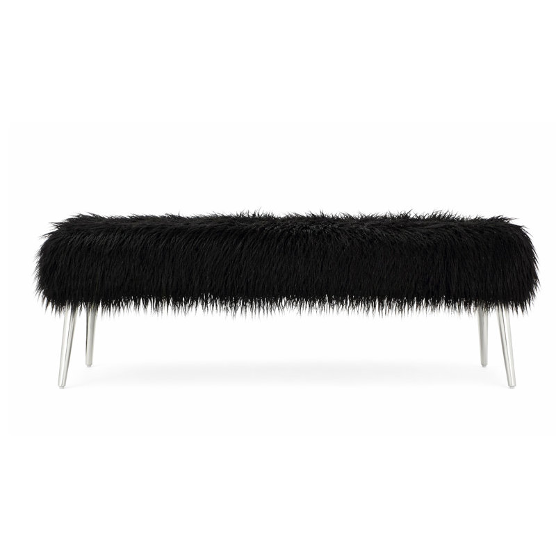 Kenzie Upholstered Bench - Lammy Faux Fur Upholstered Bench – Modern Ivory Sherpa Accent Bench with Metal Legs for Bedroom, Entryway, or Living Room - Black Bench