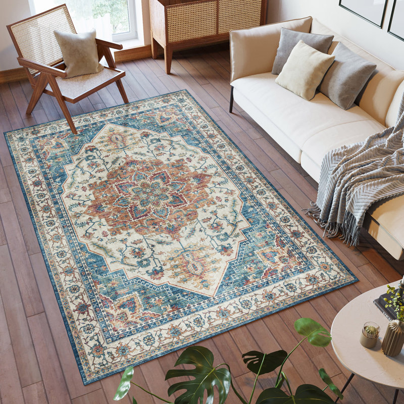 Samira Tiefi Blue Red Multi Machine Washable Traditional Medallion Indoor Area Rug, Flat Pile for Living Room & Bedroom - Blue, 6x9