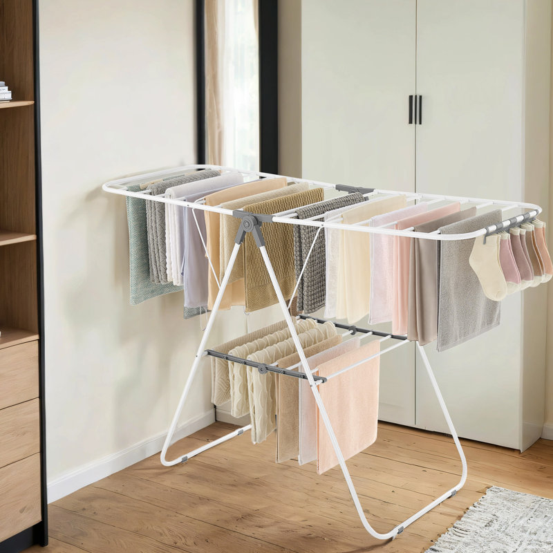 Séchoir à vêtements, avec pinces à chaussettes, support à linge en métal, pliable, peu encombrant, séchoir autoportant, intérieur / extérieur