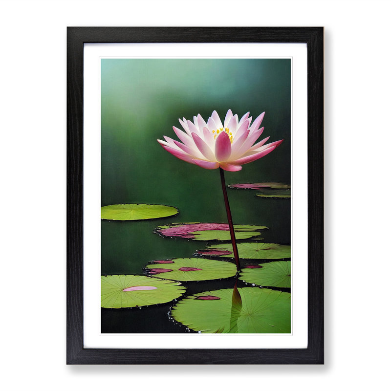 Water Lily Flower Pond - Single Picture Frame Print, 46cm H x 34cm W x 2cm D, Walnut