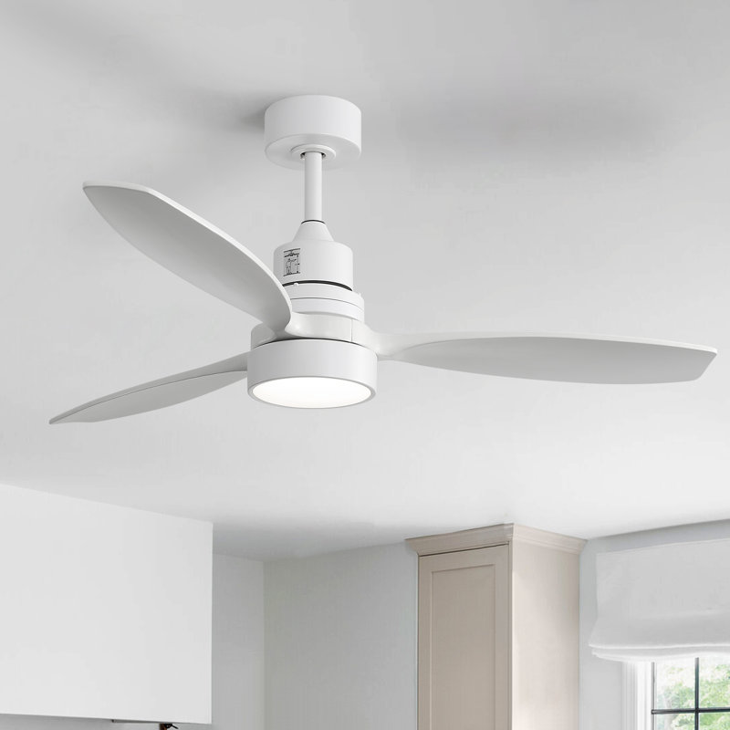 Kemp 52" 3-Solid Wood Blade Propeller Modern Ceiling Fan With LED Lights, Remote, White with White Blades