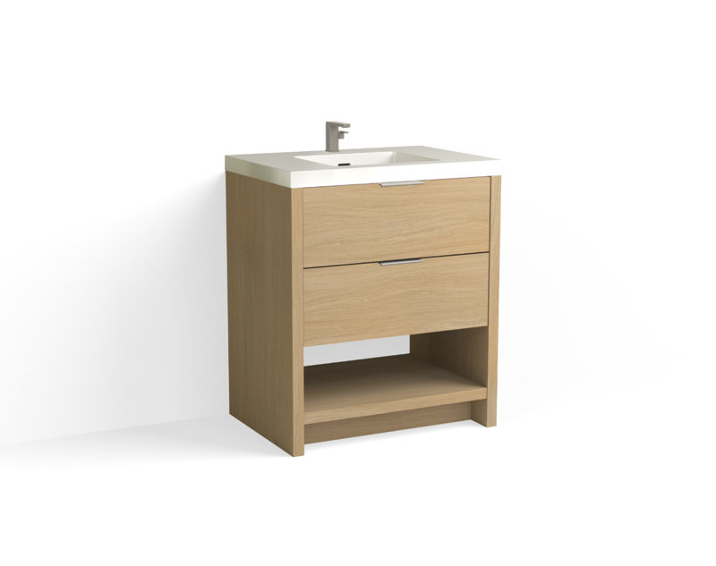 Vue 30" W Freestanding Single Bathroom Vanity, Biondo, Glossy White/8" Widespread, Satin Nickel
