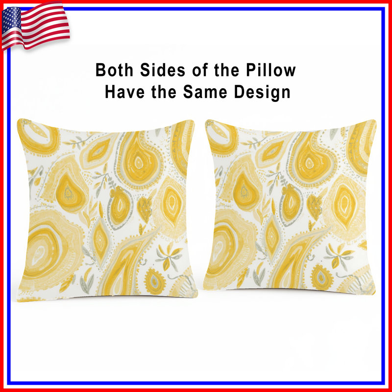 Coussins décoratifs à motif cachemire jaune, 16 x 16 pouces