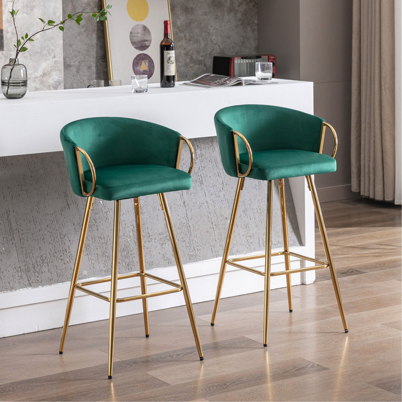 Of 2 26 Inch Bar Stools, Velvet Seat, Golden Leg, Footrest And Base, Practical Seating Option
