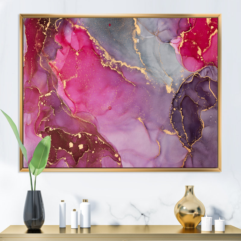 «Mauve et gris», art fluide abstrait sur toile, H 30 po x l 40 po x P 1,5 po, Cadre flottant doré