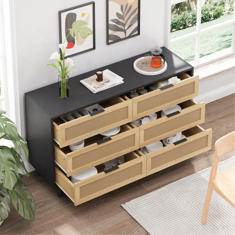 51.18"6-Drawers Rattan Storage Cabinet Rattan Drawer With White Drawer Slides,For Bedroom,Living Room,Black, Black