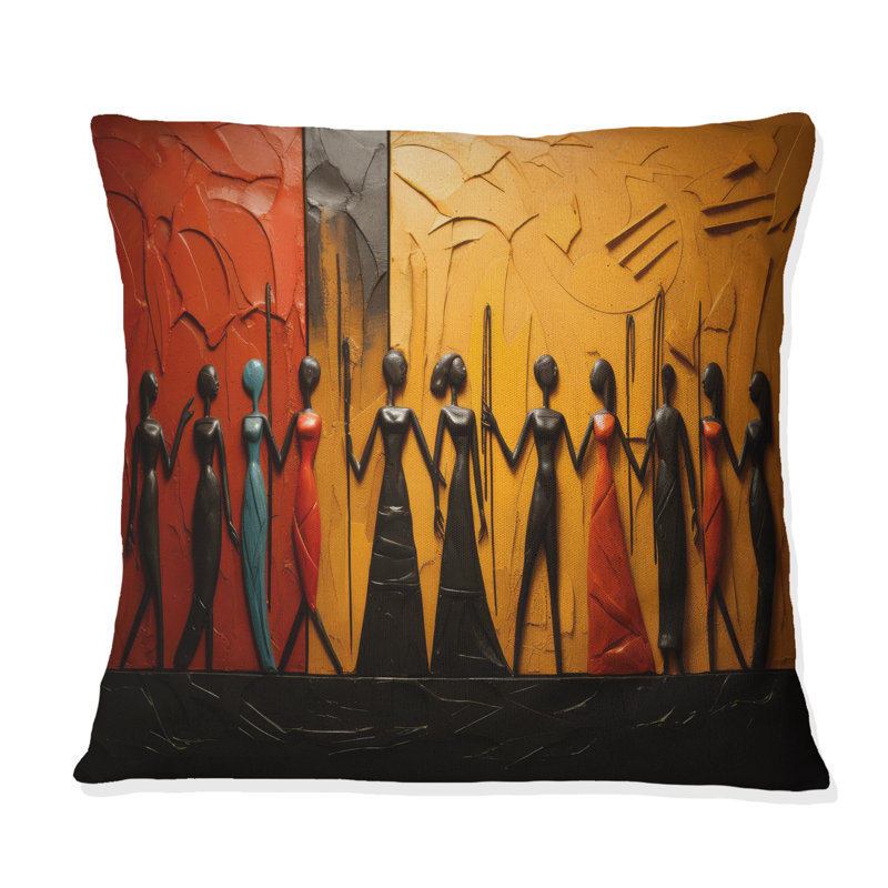 Coussin décoratif Tribal africain Tribal Rhythms VI - Abstrait corail multicolore, H 16 po x l 16 po, Carré