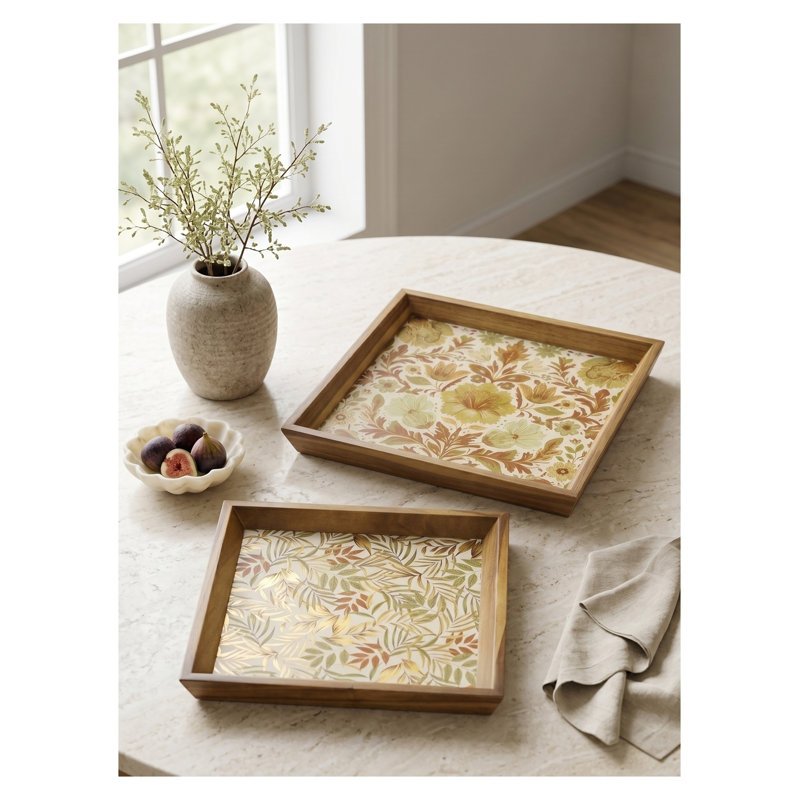 Ensemble de 2 plateaux gigognes carrés en bois d'acacia avec décorations botaniques