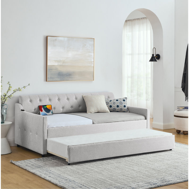 Lit de jour simple rembourré avec lit gigogne simple et charge USB, lin beige