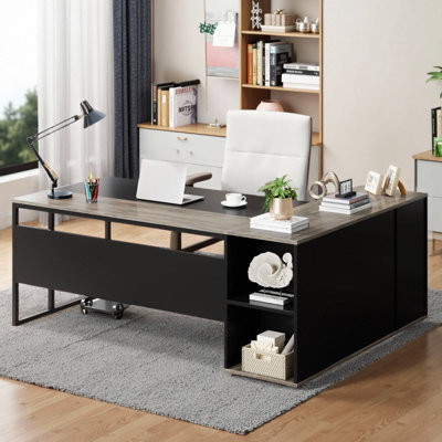 71" L-Shaped Executive Desk with Storage Cabinet - Industrial Office Workstation with Printer Stand & CPU Holder, Computer Desk for Home Office