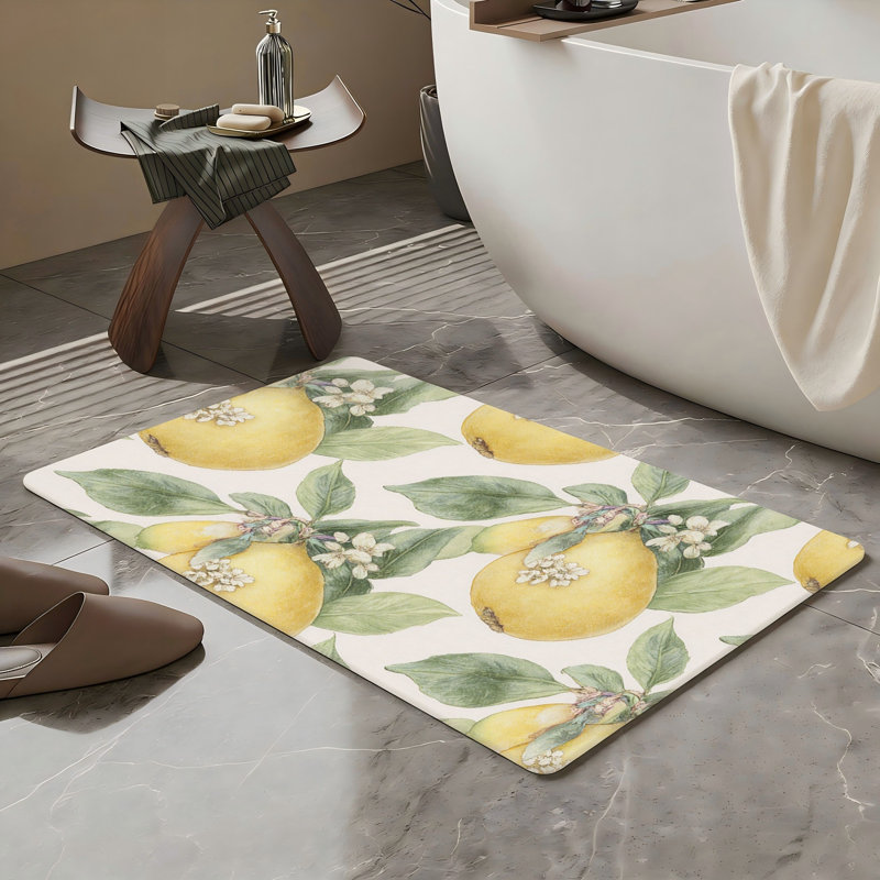 Tapis de bain aquarelle citron 20 po x 32 po pour salle de bain blanc jaune