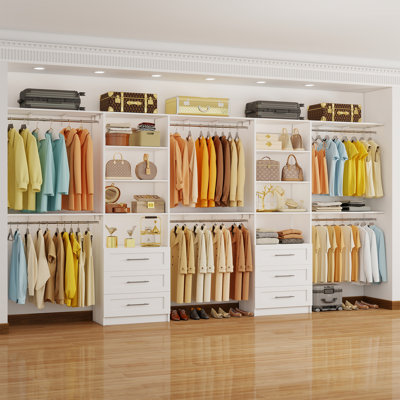 149" W Closet System with 6 Wooden Drawers, 8 Shelves, 6 Expandable Rods, & Side Top Shelves for Walk in Closets, Cut To Fit 6-13FT, Heavy-Duty, Set of 2