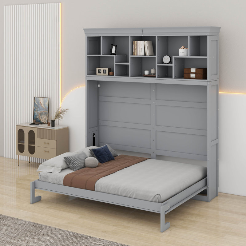 Grand lit escamotable mural avec tablettes supérieures et port USB, gris