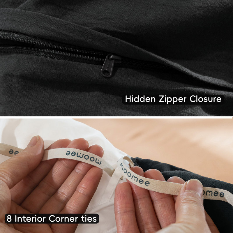 MooMee Lightweight Duvet Cover Set with Zipper Closure 8 Ties 100% Washed Cotton Linen Like Textured Soft Breathable All-Season