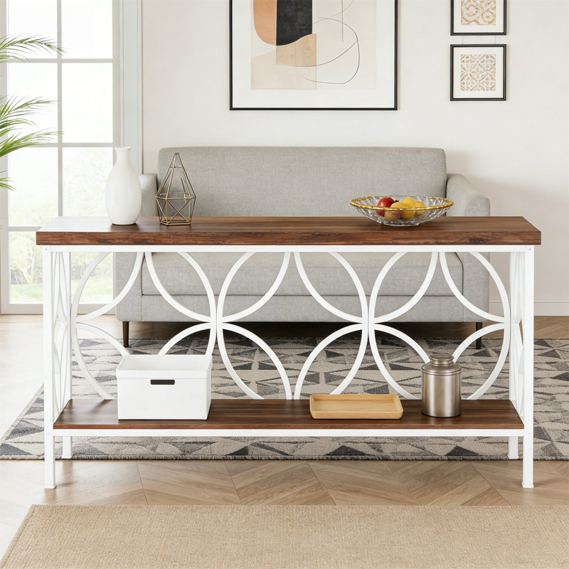 2-Tier Console Table, 70.9" Industrial Sofa Table Behind Couch, White, Brown