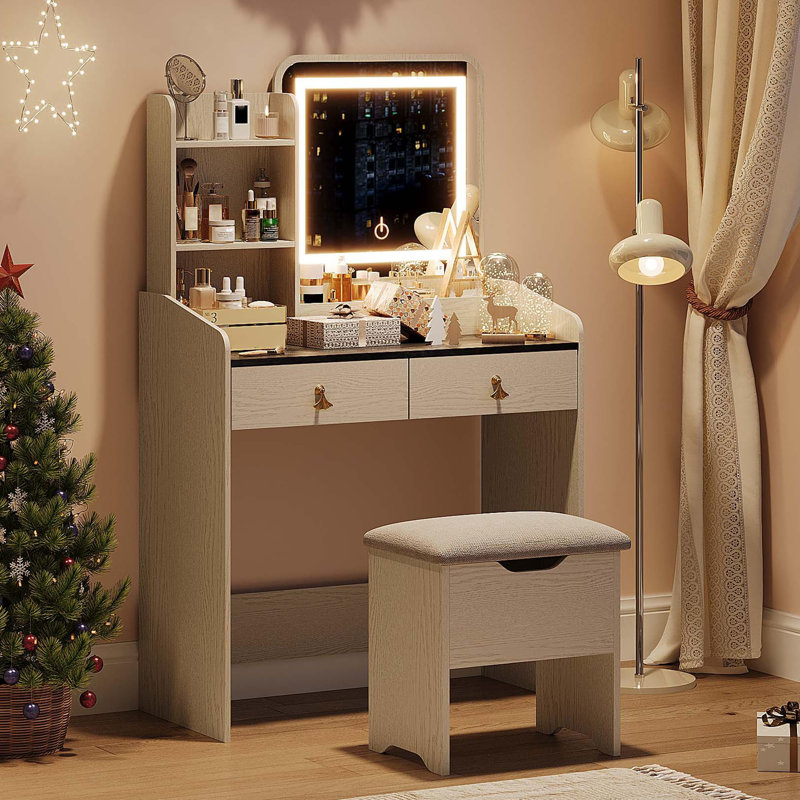 Bureau de coiffeuse avec miroir lumineux à DEL et station de charge, Gris / blanc