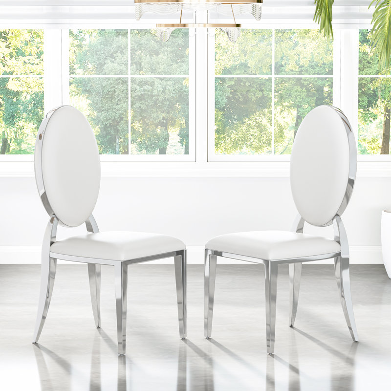 Modern Dining Chair Set, Oval Backrest Faux Leather Upholstery And Polished Stainless Steel Legs, 6, White/Silver