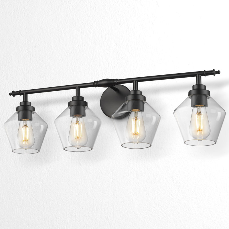 Luminaire pour salle de bain à 4 lumières avec abat-jour en verre transparent, noir, H 9,84 po x l 29,53 po x P 7,28 po