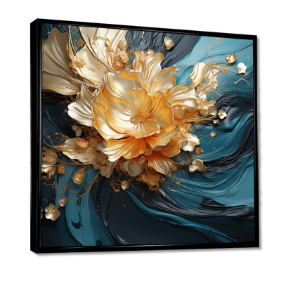 Blooming Golden Flower Waves - Art mural abstrait, salon