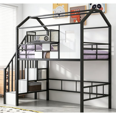 Lit mezzanine simple en métal avec toit, coffre de rangement et échelle intégrée pour un gain d'espace et de sécurité