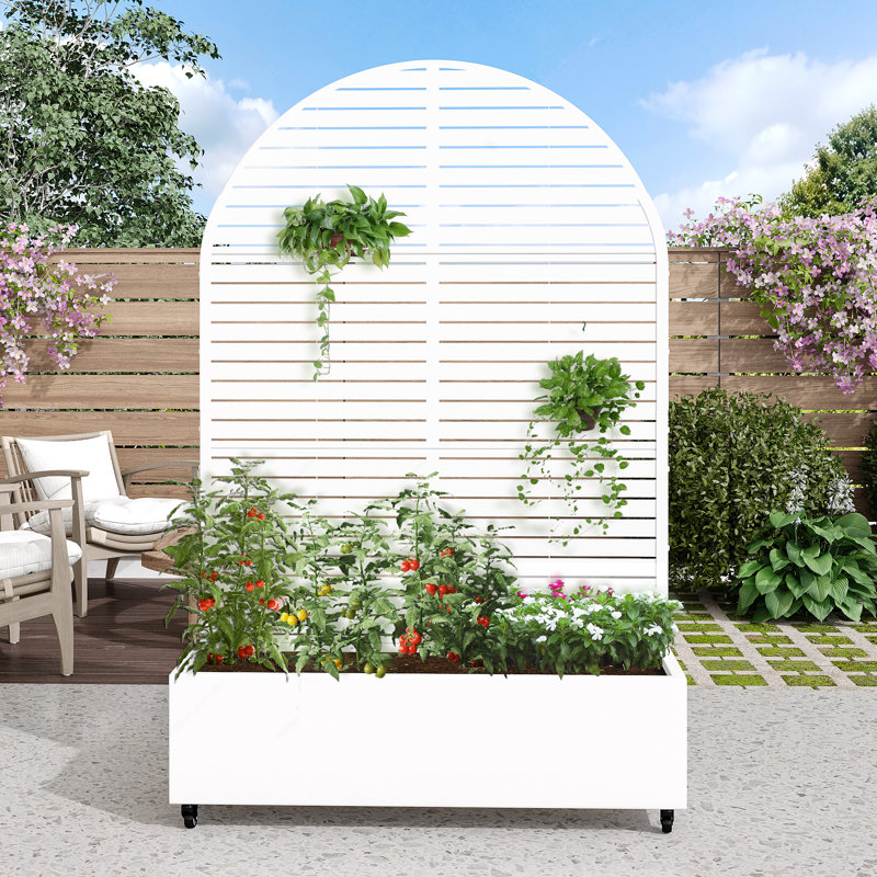 Boîte à fleurs d'extérieur en métal avec treillis pour plantes grimpantes d'extérieur, H 72 po x l 47 po x P 16 po, Blanc