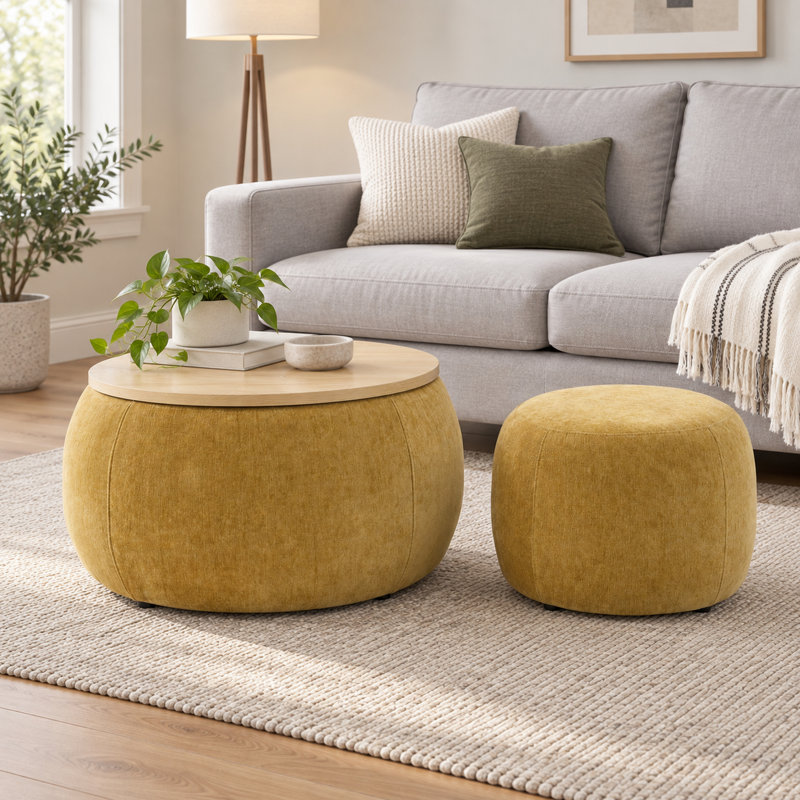 Ensemble de repose-pieds rond avec tabouret gigogne et plateau réversible, 25 po, jaune foncé