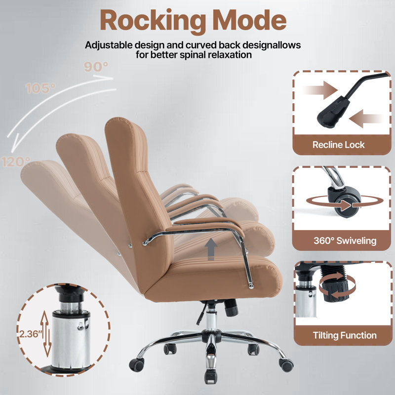 Ergonomic Tufted Faux Leather Executive Office Chair with High Back, Brown, Silver