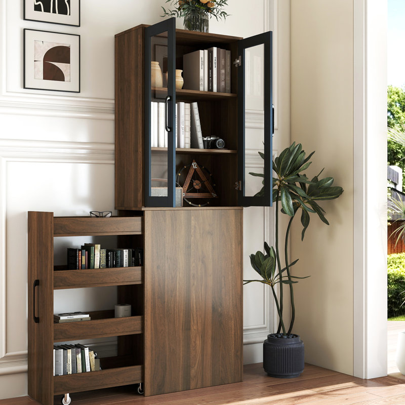 70,41 "H vitrine avec tablette à 4 niveaux et 2 portes en verre pour le bureau de la cuisine, salle à manger H, armoire, tablette, portes, cuisine, salon, garde-manger