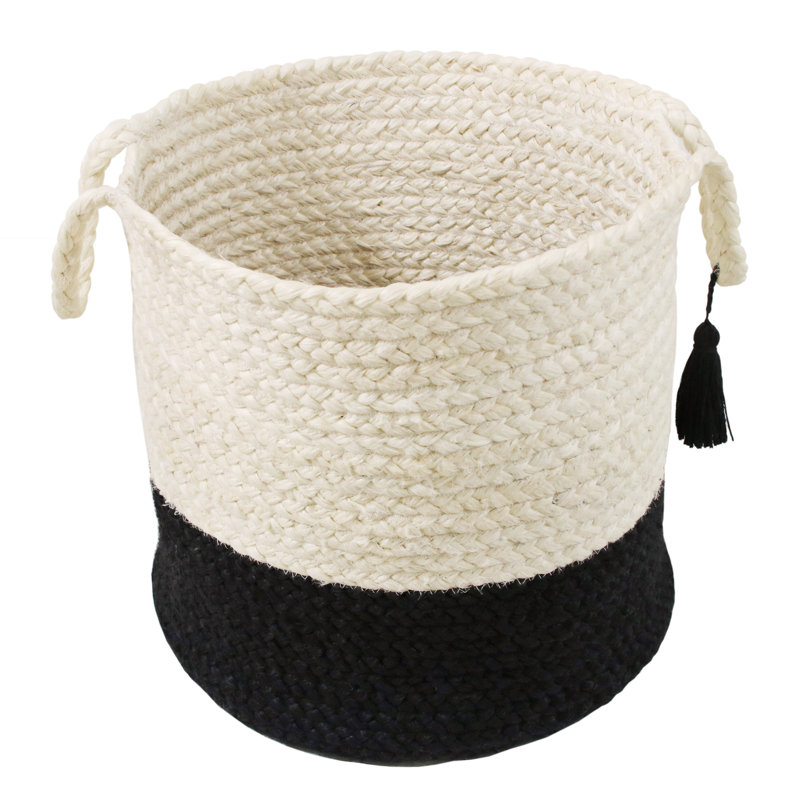 Handmade Natural Jute Relaxed Storage Basket, 19" H x 19" W x 19" D, White/Black