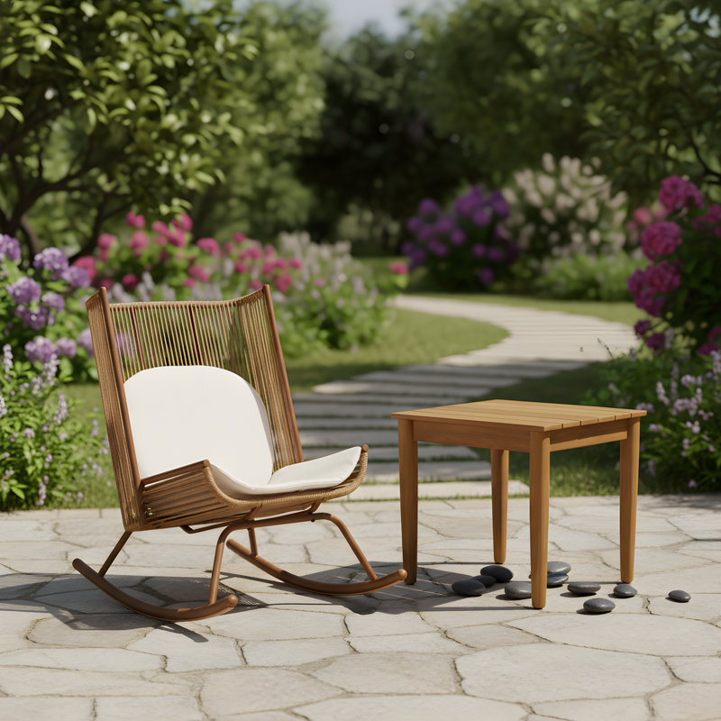 Rachel Outdoor 2-Piece PE Rattan Conversation Set With Cushions & Acacia Wood Top, 2 Pcs: Table, Chair