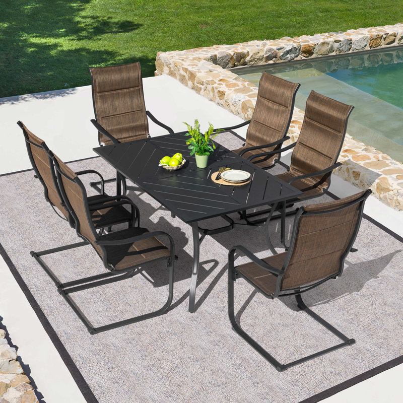 7-piece Metal Padded PVC-coated polyester Patio Dining Set With Umbrella Hole