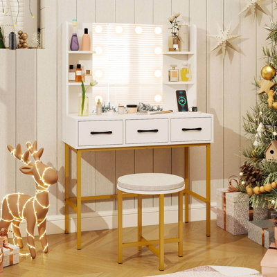 Bureau de meuble-lavabo avec lumières miroir, prises de courant, 4 tablettes ouvertes, 3 tiroirs de rangement