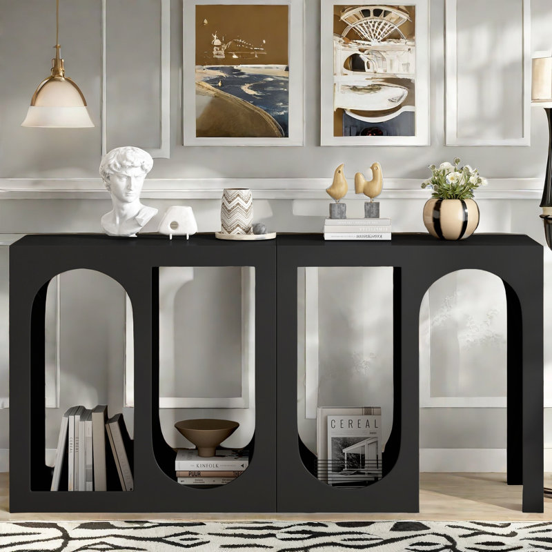 Berniece Modular Console Table with Rectangular Exterior and Curved Interior Design, Black