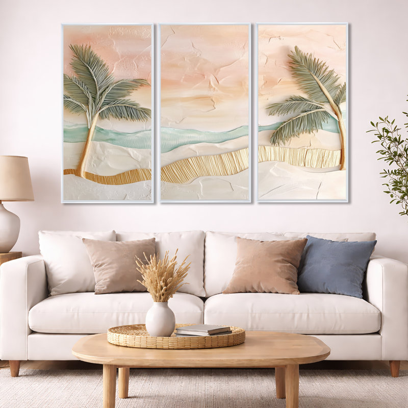 «Tropical Beach», art mural feuille de palmier - ensemble de 3 toiles encadrées Jamil, H 40 po x l 60 po