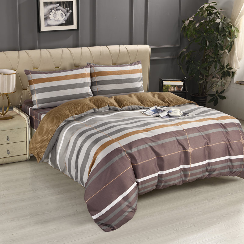 Bliss Complete Bedding Set Brown Stripe Duvet Cover Fitted Sheet With Matching Pillow Case