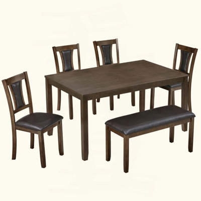 6-Piece Dining Table Set with Bench and Chairs, Wooden dining table set for 6 people, Farmhouse Rustic Style 6 Person Dining Table Set for Dining Room