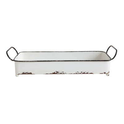 Decorative Metal Tray with 2 Handles and Distressed Enamel Finish