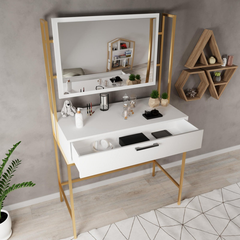 Table de maquillage élégante avec pieds en métal thermolaqué électrostatique, blanc et or | 47,2 po x 63,0 po x 15,7 po | Panneau de particules 100% enduit de mélamine, conception durable et élégante pour les espaces de coiffeuse modernes, assemblage facile