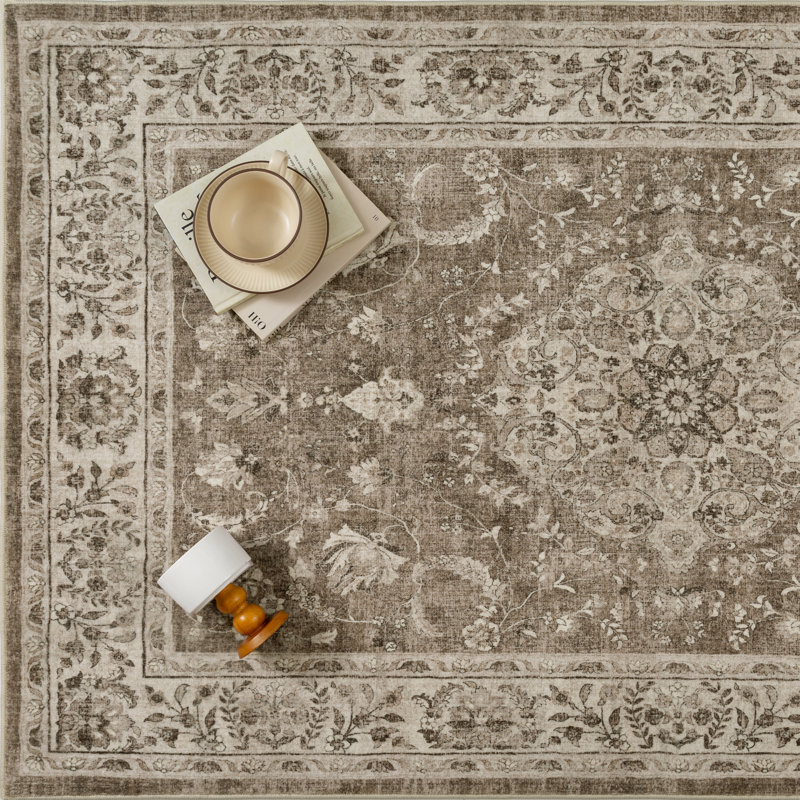 Tapis lavable floral Hayes, Brun, Rectangulaire 3 pi x 5 pi