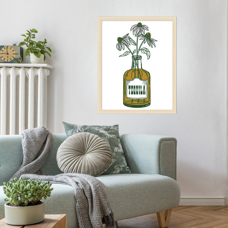 «Tequila Pots Florals» par Wilhelmina, reproduction d'art encadrée sur bois, Woodgrain Stripe Blonde